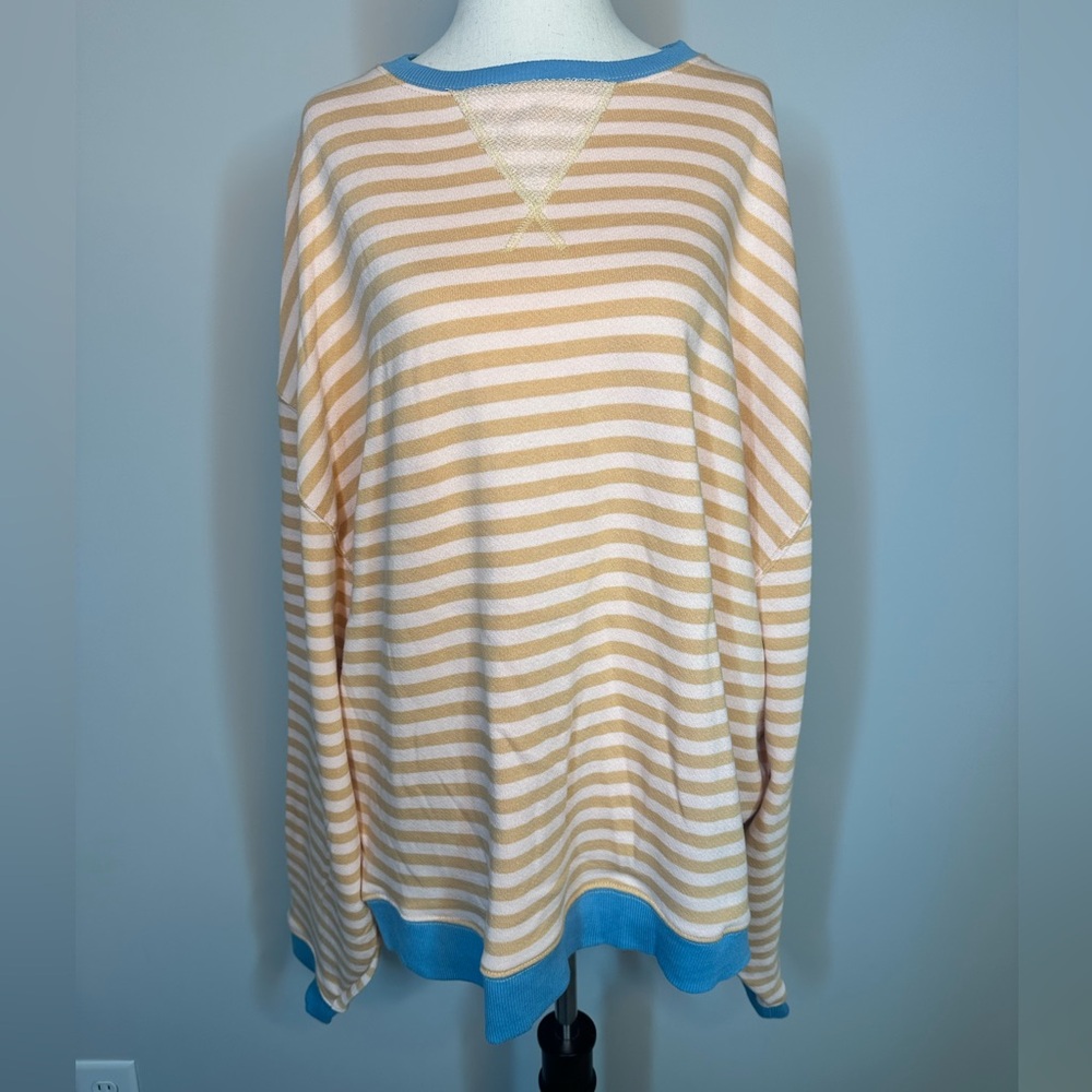 Sz S Free People We the Free Classic Striped Crew Latte Combo peach blue - Picture 2 of 10